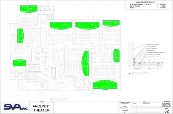 ArcLight-movie-theater-2 Technical floor plan of the ArcLight Movie Theater at TD Garden, showing the layout of multiple cinema screens and sound isolation zones.